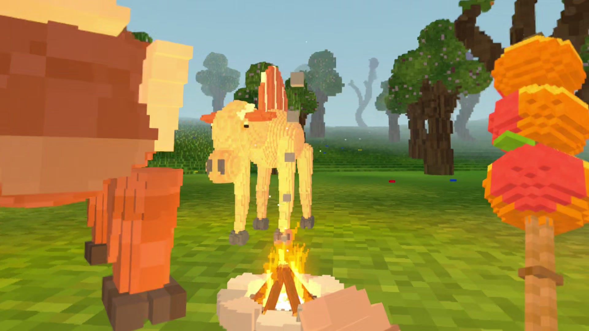 A horned Brackenback and a Dunesail with a striped sail beside a campfire, with a loaded skewer in the foreground