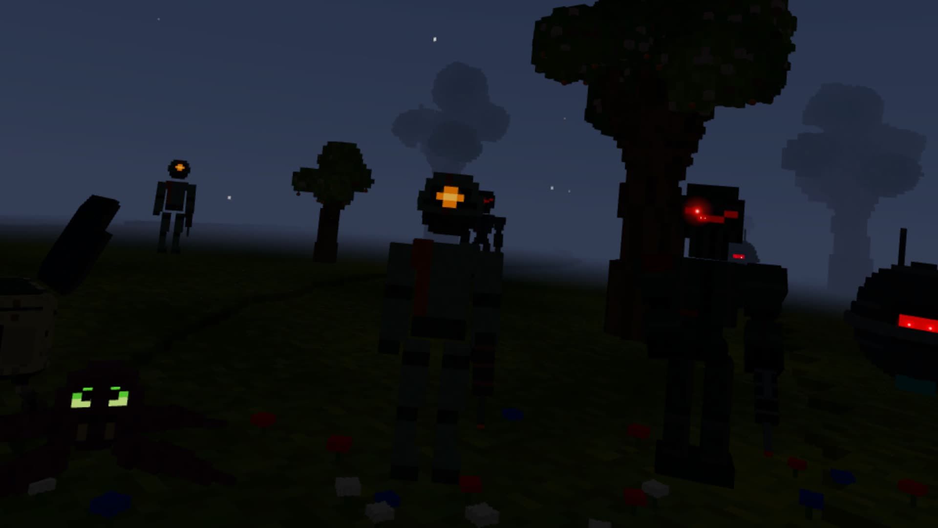 Raiders, drones and a Bramblemaw with glowing red, amber and green eyes at dusk