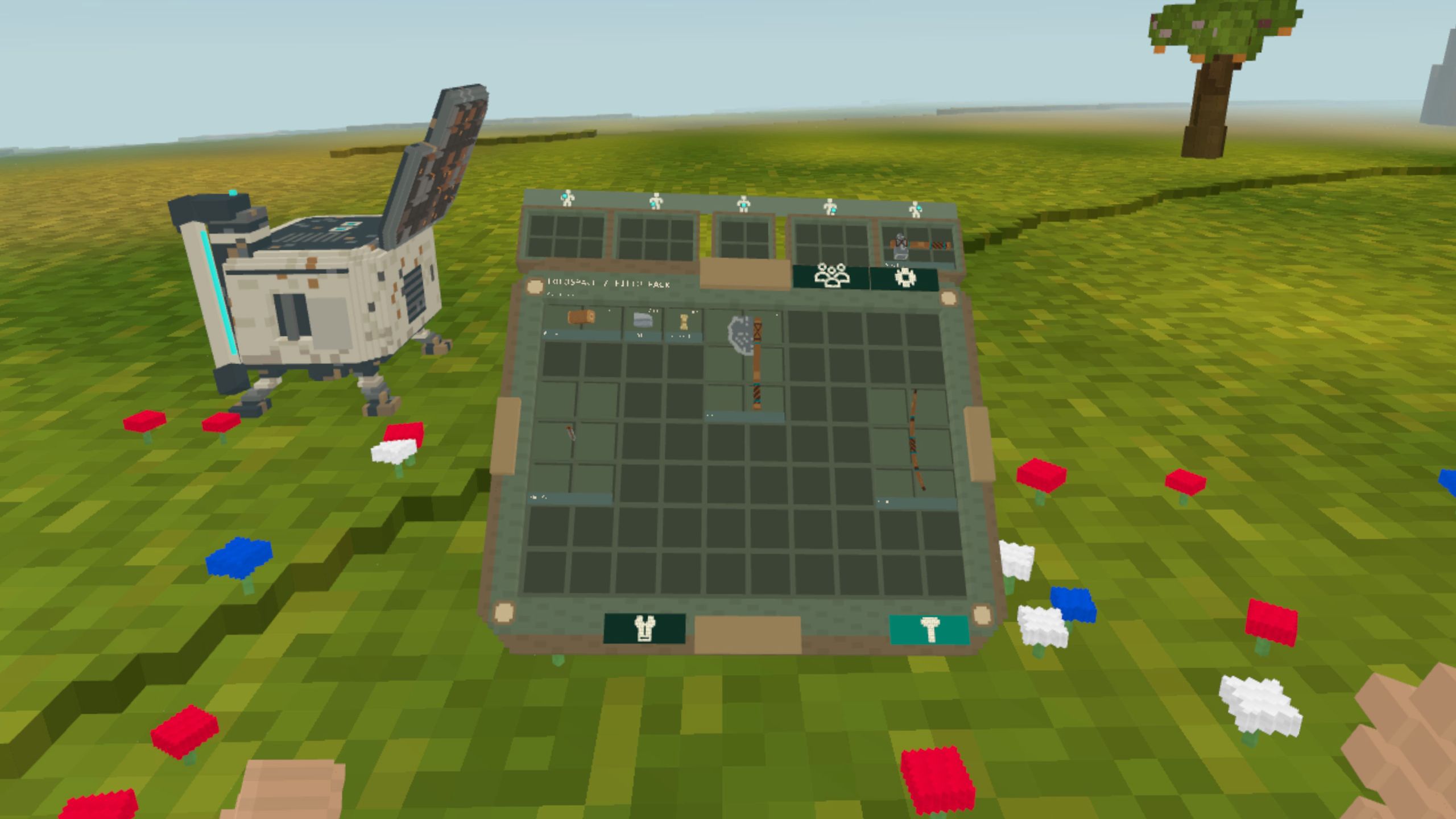 The open field pack showing inventory slots, beside the respawn pod