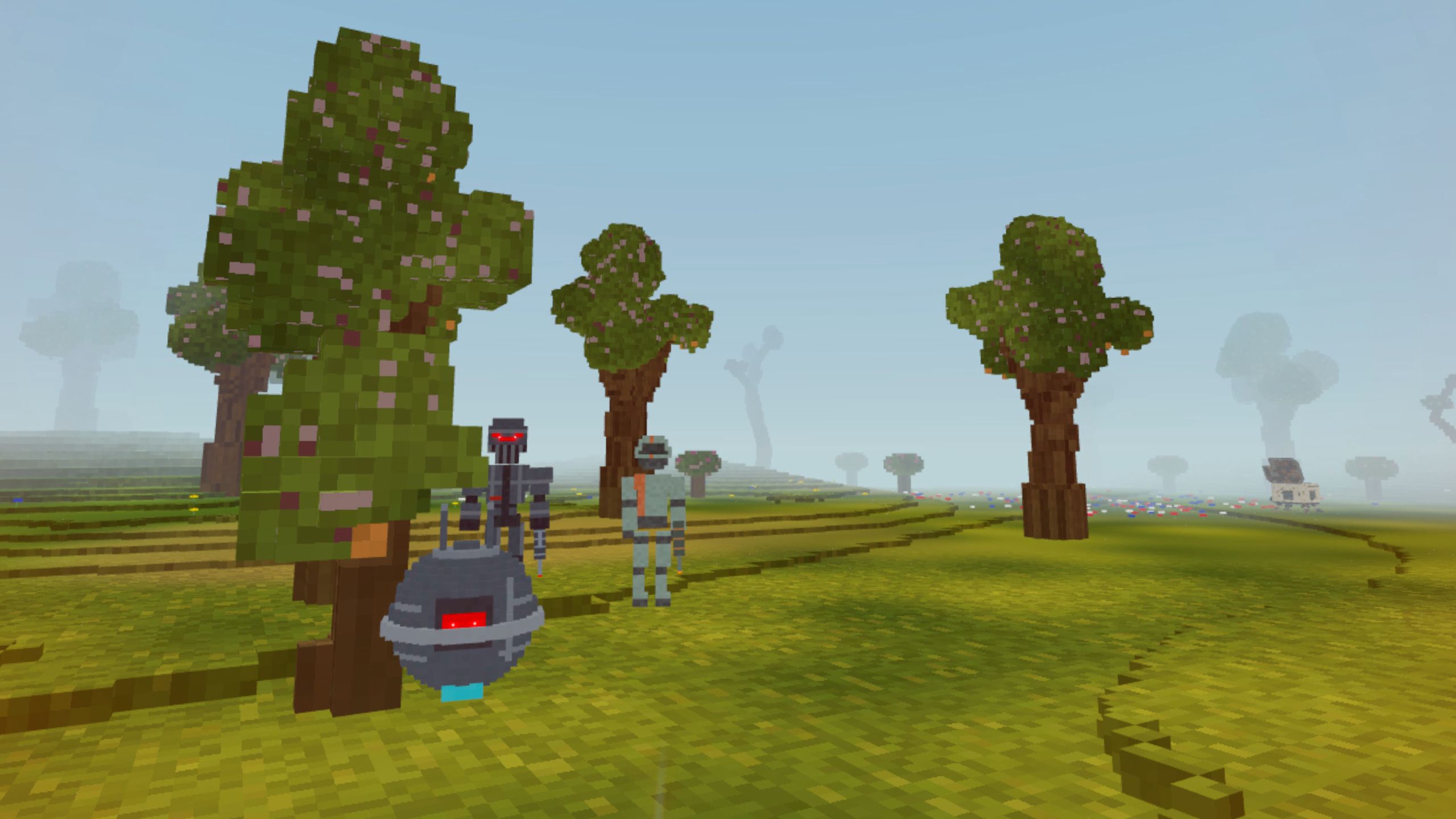 A frontier raider and a hovering drone approach through a meadow