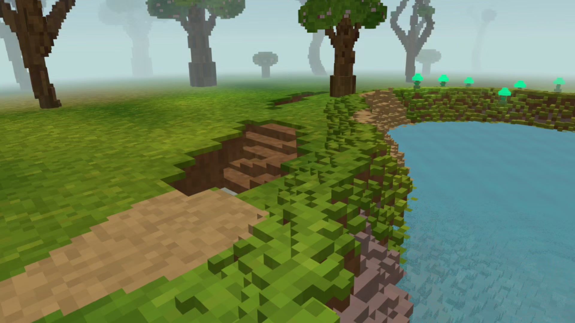 A river winding beside a stone path, with glowing mushrooms along the far bank