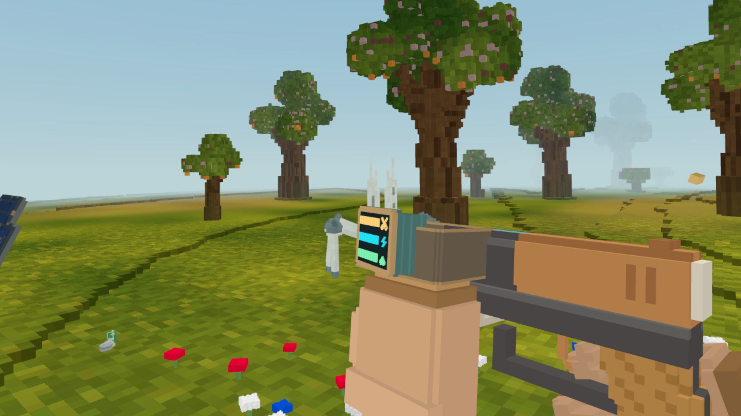 First-person view of a voxel pistol and a wrist watch showing vitals