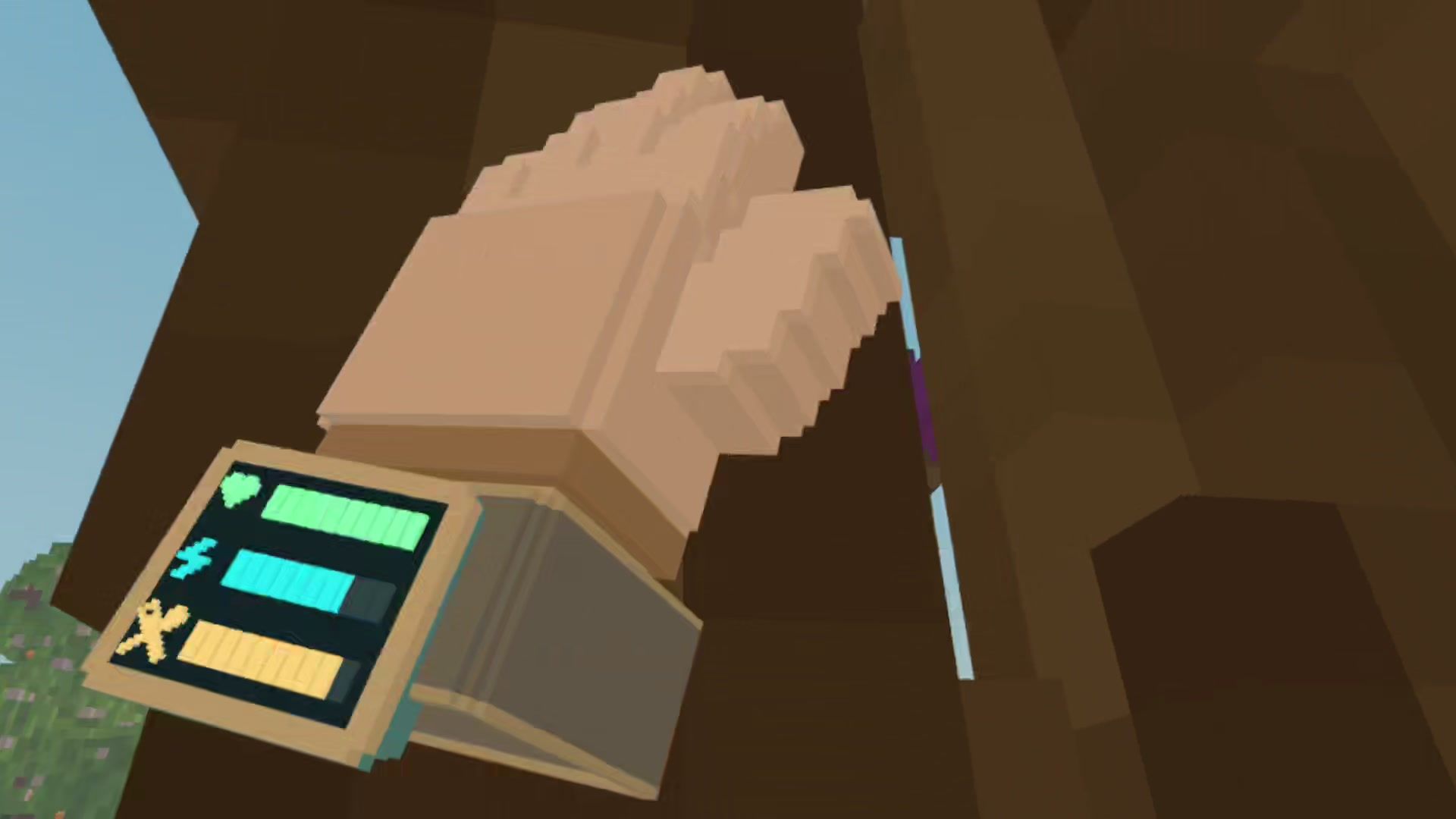 A hand gripping a tree trunk with the wrist watch showing health, stamina and food bars
